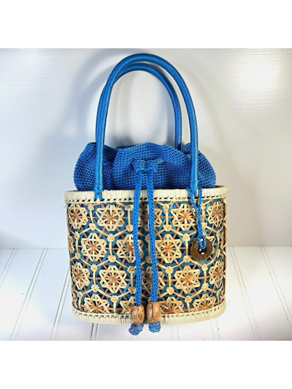 Vintage The Sak Woven Rattan Crochet Tote Purse Blue Drawstring Bucket Bag